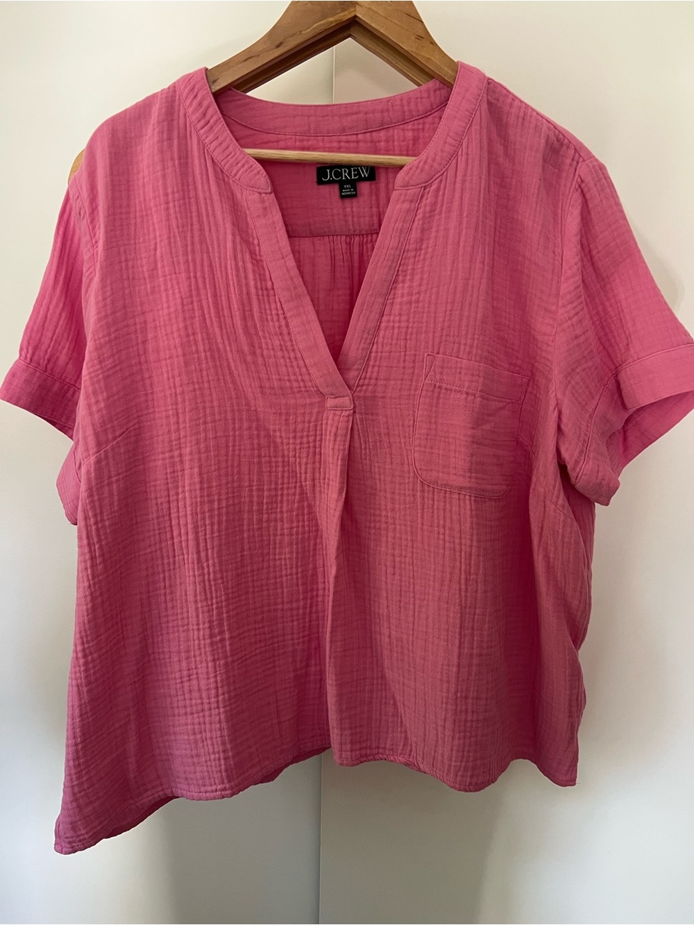 J. Crew Bright Pink Short-Sleeve V-Neck Cotton Gauze Popover Top XXL